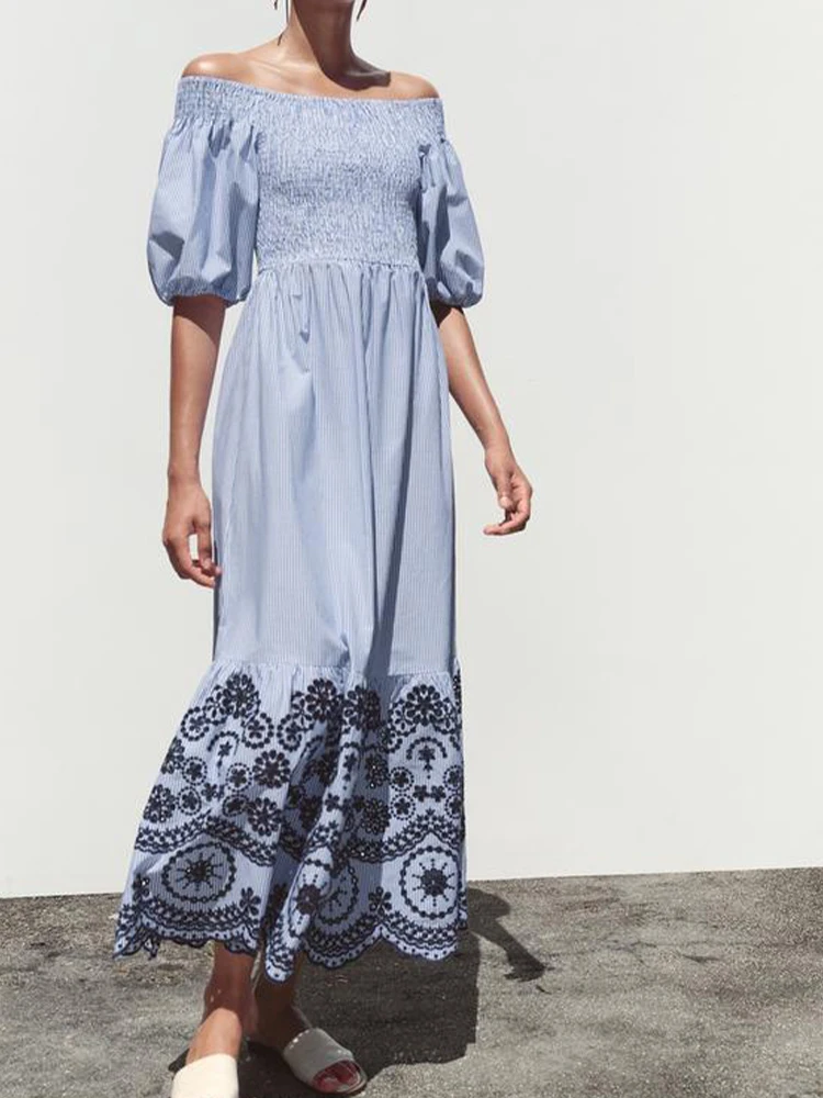 

European and American style Summer new products Women's fashion embroidery striped off-shoulder straight collar midi dress