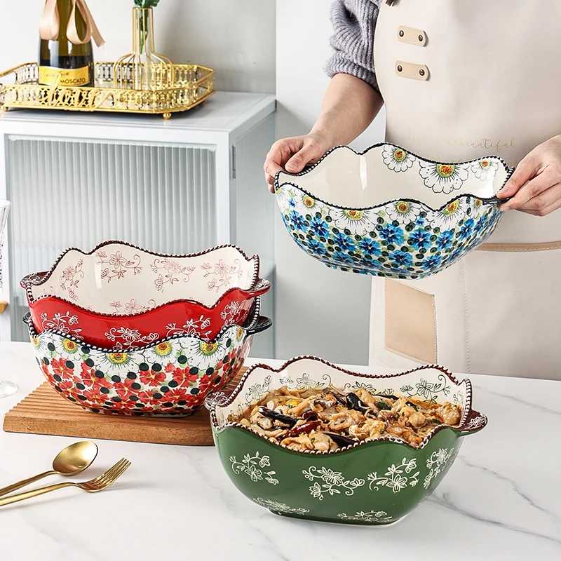 ‌Ceramic Soup Bowl-Large Capacity Handled Mixing Pot,Heat-Resistant Non-Slip Tableware&Colorful Painted Serving Dish for Kitchen