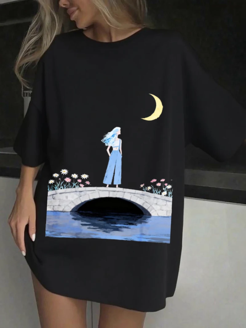 

Женская свободная футболка с короткими рукавами и принтом Under The Moon and Bridge для девочек с принтом для повседневной повседневной носки