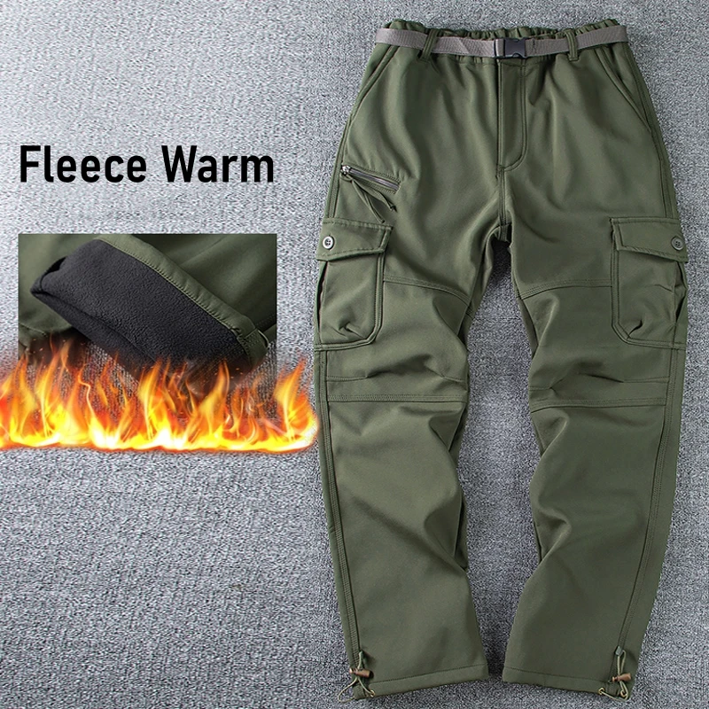 

Men's Autumn Winter Fleece Work Cargo Pants Outdoor Hiking Sports Waterproof Warm Soft Shell Pockets Straight Cotton Trousers