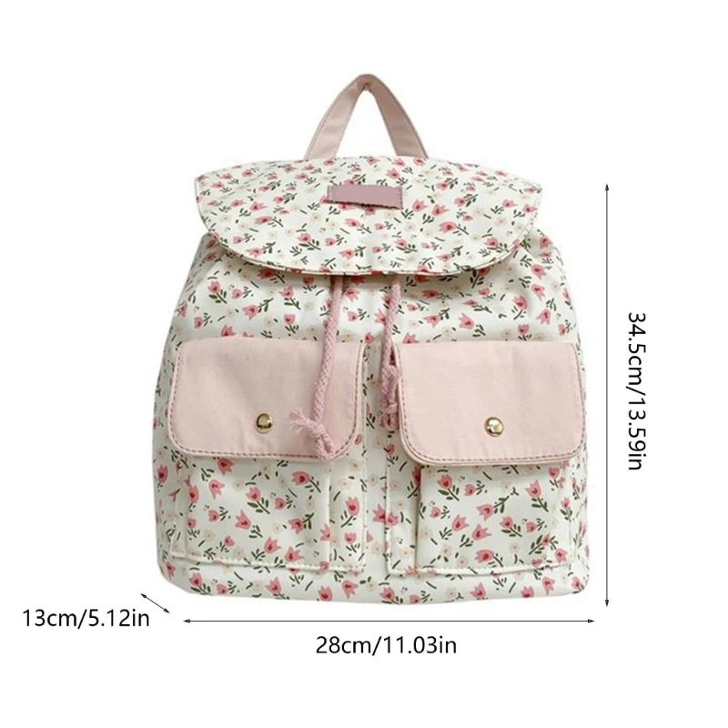 Mochila floral dulce para mujer E74B con bolso escolar con solapa nailon para estudiantes doble bolsillo