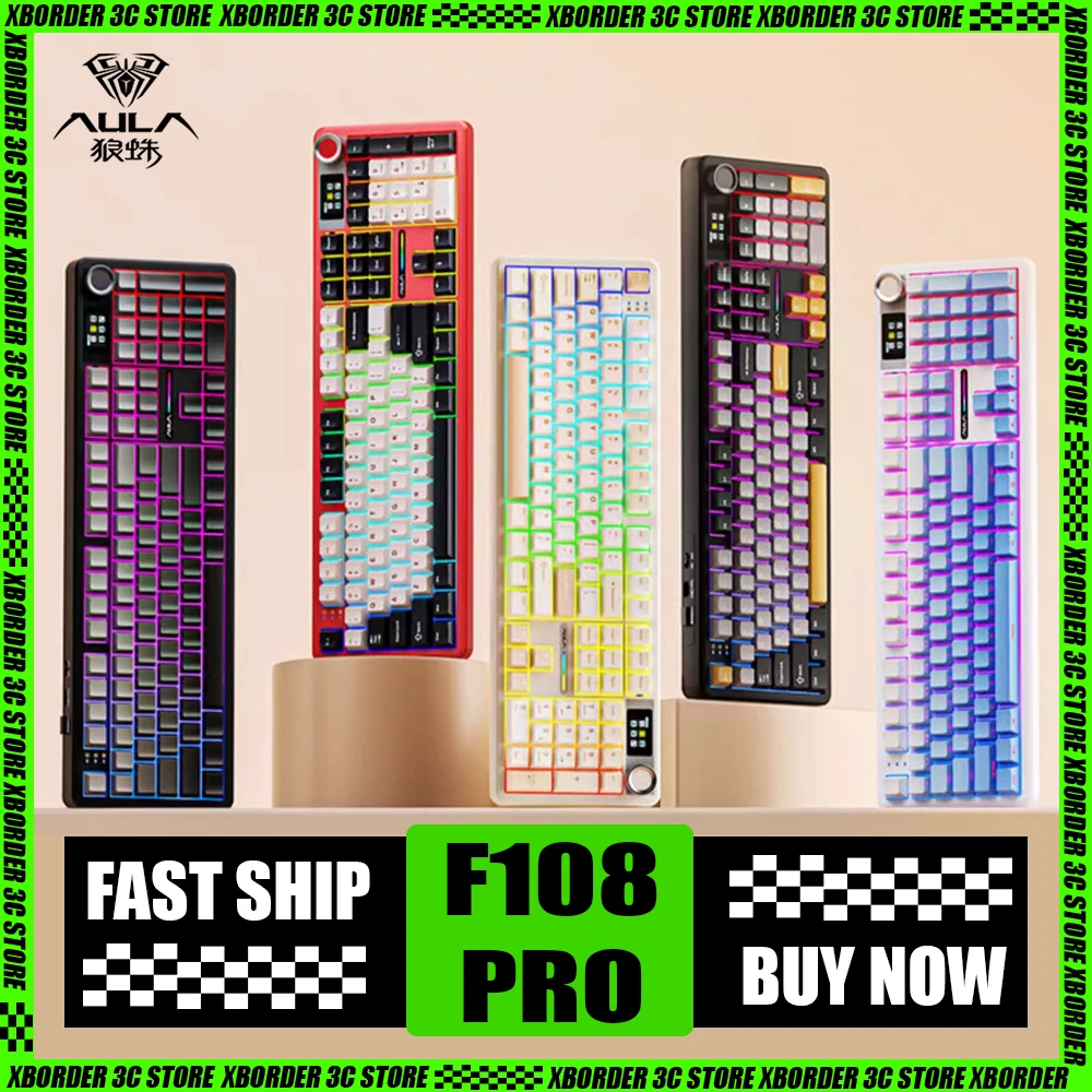 New Aula F108pro Mechanical Keyboard Three Mode Wireless Customized  Gaming Keyboard with Screen Rgb Pc Gamer Accessories Gifts