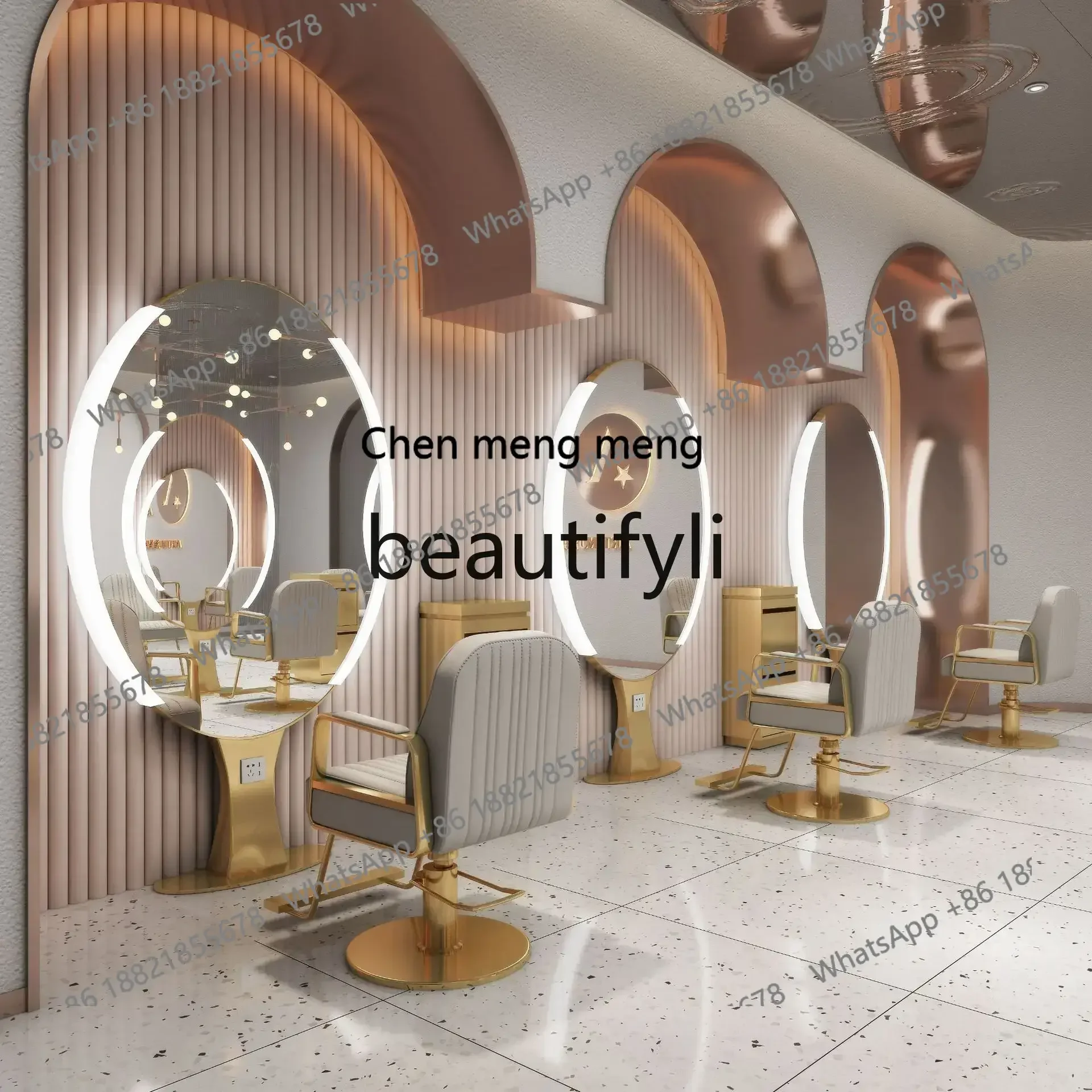 Hairdressing mirror table with light HD stainless steel haircut single double-sided mirror floor gold