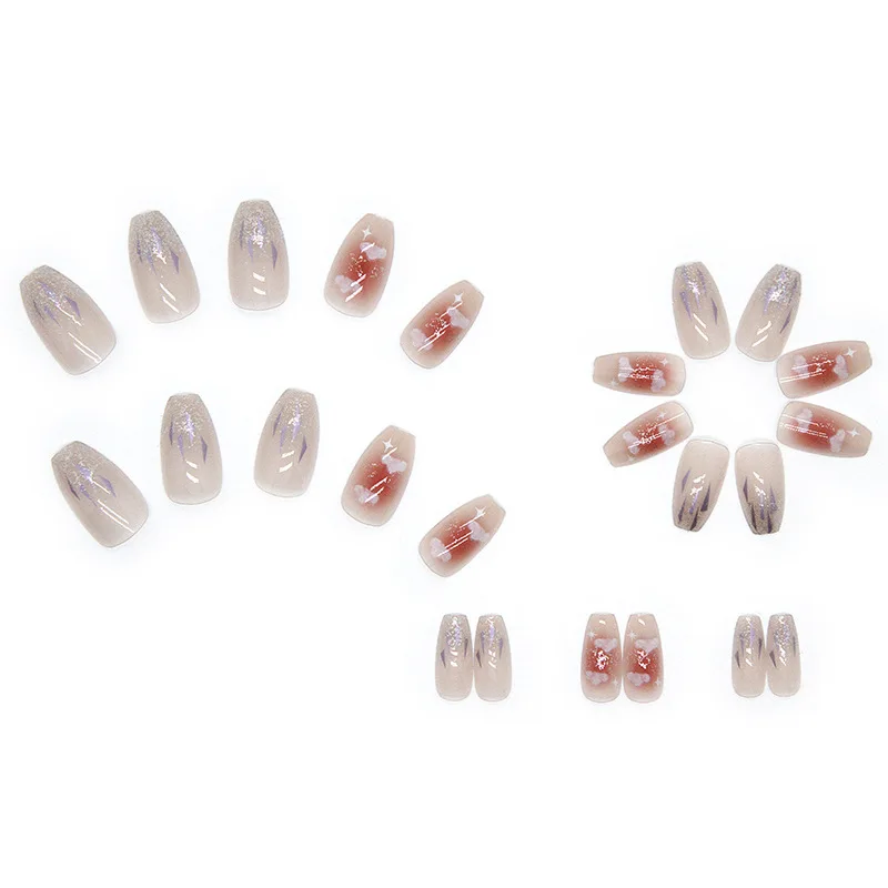 24Pcs Icy French Press-On Nails – Long Square Shape With Cloud Motifs & Micro-Glitter Frosted Holographic Effect
