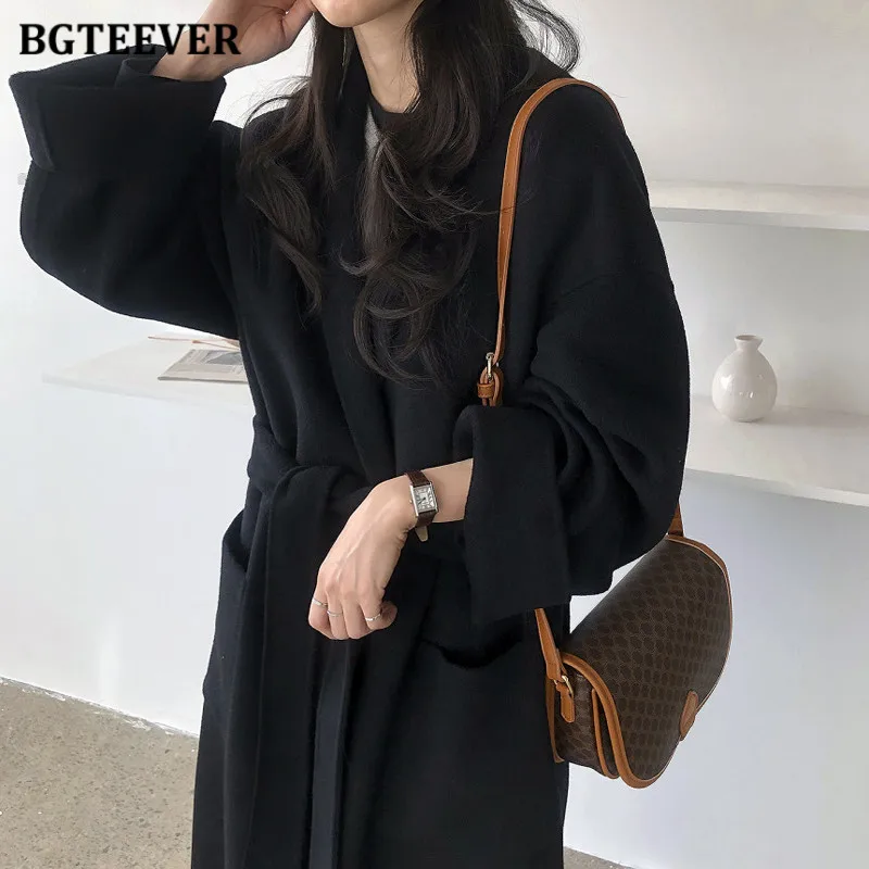 BGTEEVER Winter Loose Pockets Women Long Blend Coats Elegant Lapel Full Sleeve Lace-up Female Woolen Overcoats