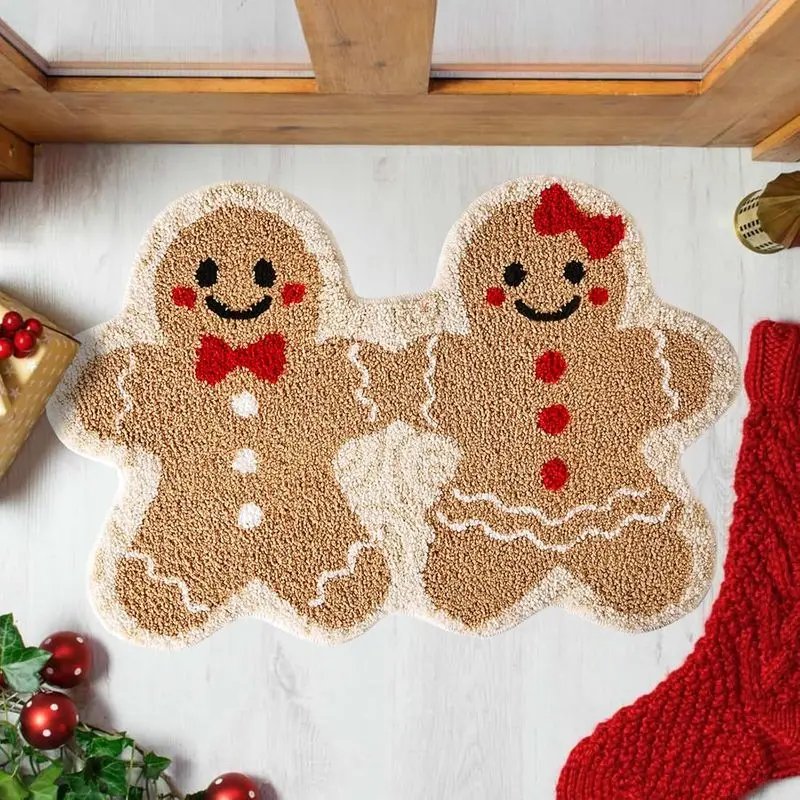 VIKAMA Gingerbread Man Rug Two Cute Cookies Holding Hands Mat Cozy Floor Rug Entryway Bedroom Non Slip Happy New Year Home Decor