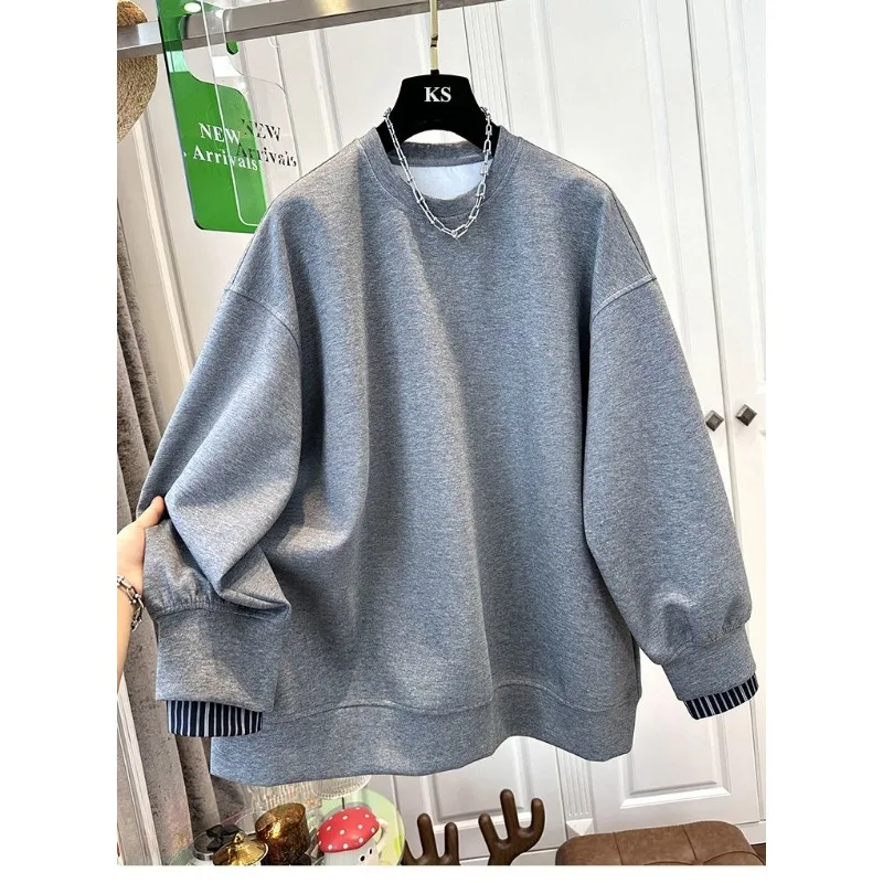 Camicia a righe in due pezzi finta a contrasto stile americano con felpa girocollo per top casual ampio invernale da donna