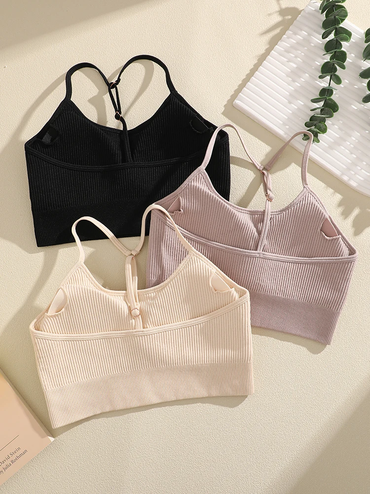 Women Ribbed Seamless Sports Bra Y-Back Thin Strap Adjustable Padded Yoga Crop Top High Elastic Workout Fitness Running Bralette