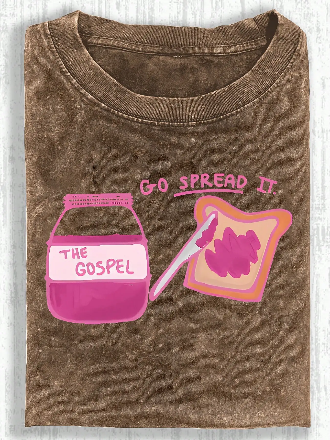 

Distressed Brown Cotton Tee with Pink Jam Graphic and 'Go Spread It' Slogan