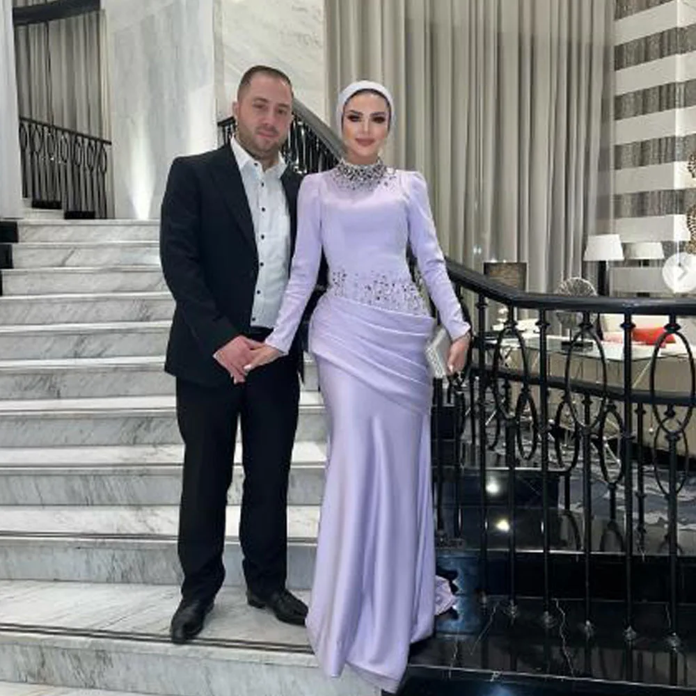 فستان سهرة كريستال Abiye مخصص للنساء مطوي من الساتان حورية البحر الحجاب فستان رسمي من الساتان فستان رسمي للنساء الإسلاميات