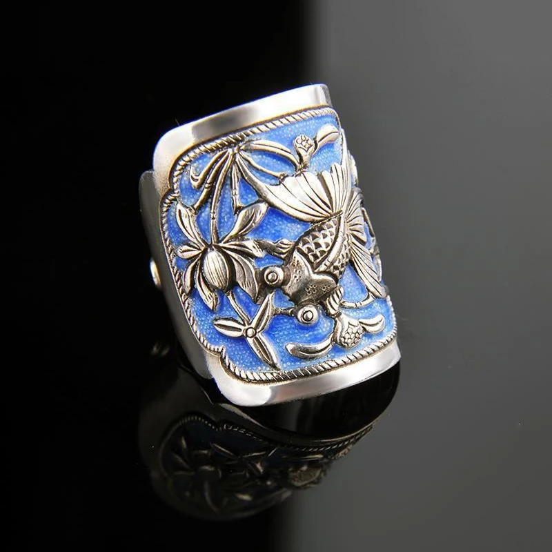 Goldfish Lotus flower 925 Thai Silver Wide style rings for women Vintage Couple Enamel Blue Adjustable opening Banquet Jewelry