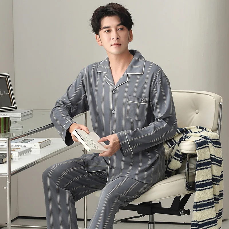 Plus Size M-4XL Men Pajamas Set 100% Cotton Turn-down Collar Sleepwear Male Autumn Striped Pyjamas