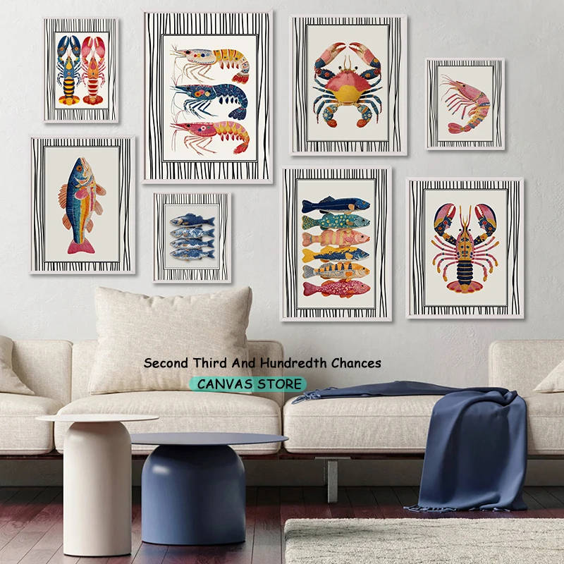 Colorful Fish Shrimp Crab Lobster Vibrant Kitchen Coastal Decor Marine Sea Life Poster Canvas Painting Wall Pictures Home Decor