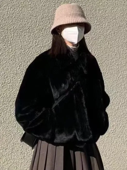   Or manteau de fourrure femme Chic blanc vêtements d'extérieur d'hiver Premium sensation longue fermeture à glissière Stand Fit Polyester