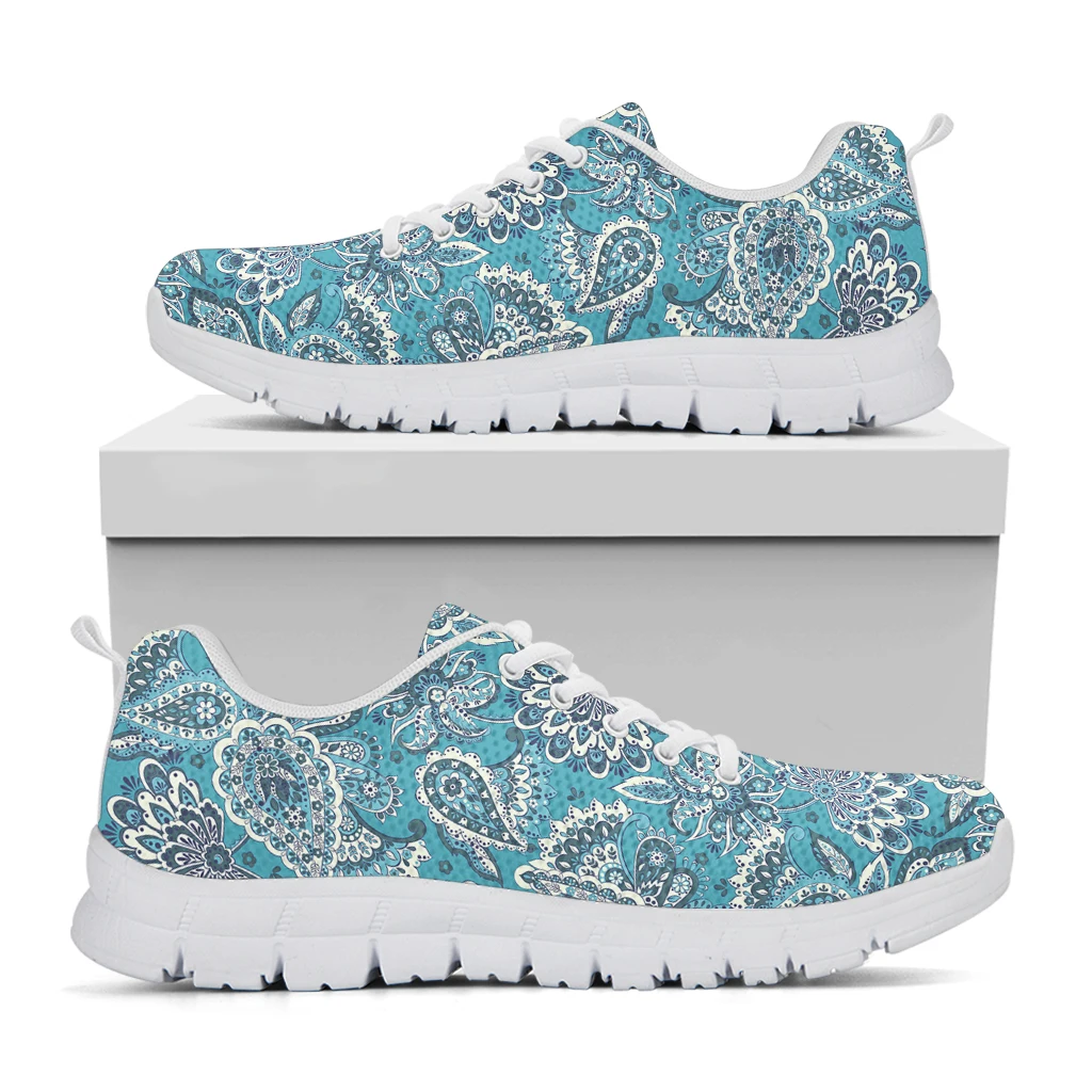 INSTANTARTS White Womens Causal Sneakers Boho Pasiley Floral Prints Lightweigh Air Mesh Falt Shoes Lace Up Footwear For Girls