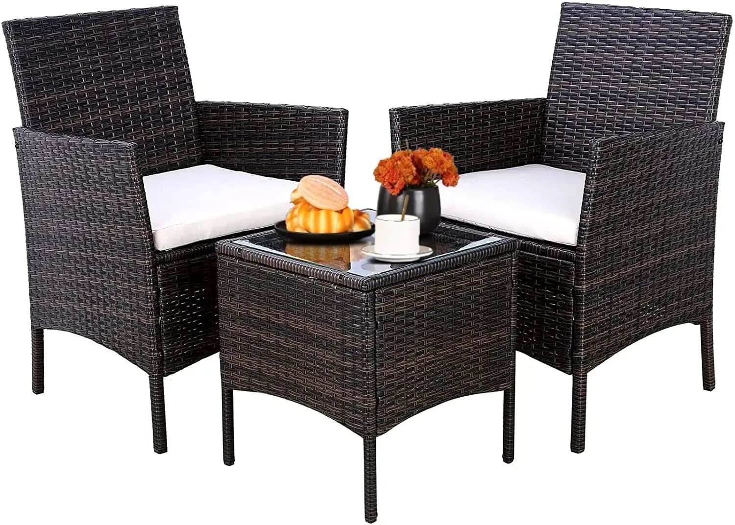 3 Pcs PE Rattan Wicker Chairs Outdoor Patio Bistro Furniture Sets with Cushions For Outdoor Patio Furniture  Garden Chair