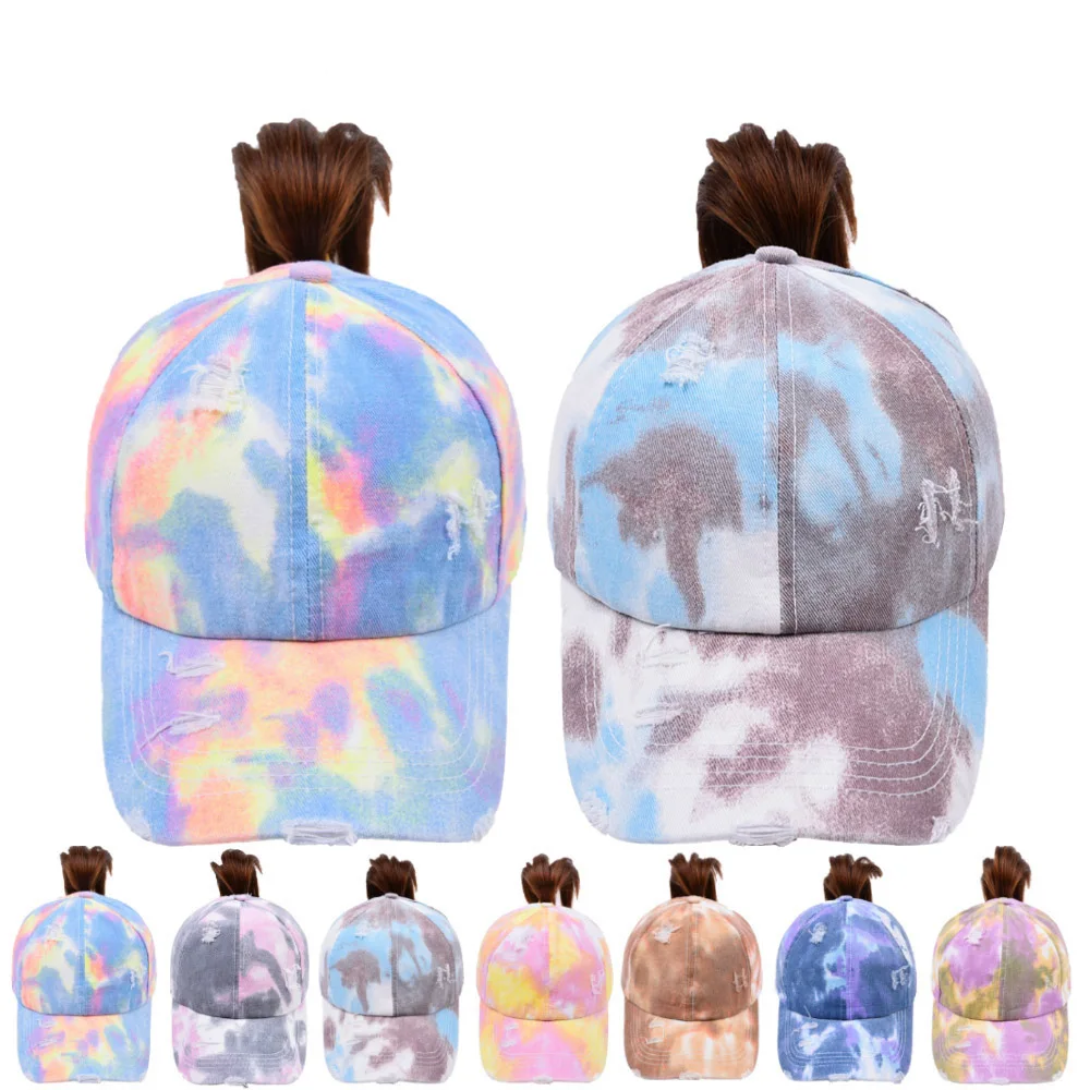 HanXi Summer Ponytail Hat Baseball Cap Women Fashion Jockey Mujer Tie Dye Criss Cross Hats Lady Girls Hip Hop Snapback Sun Visor