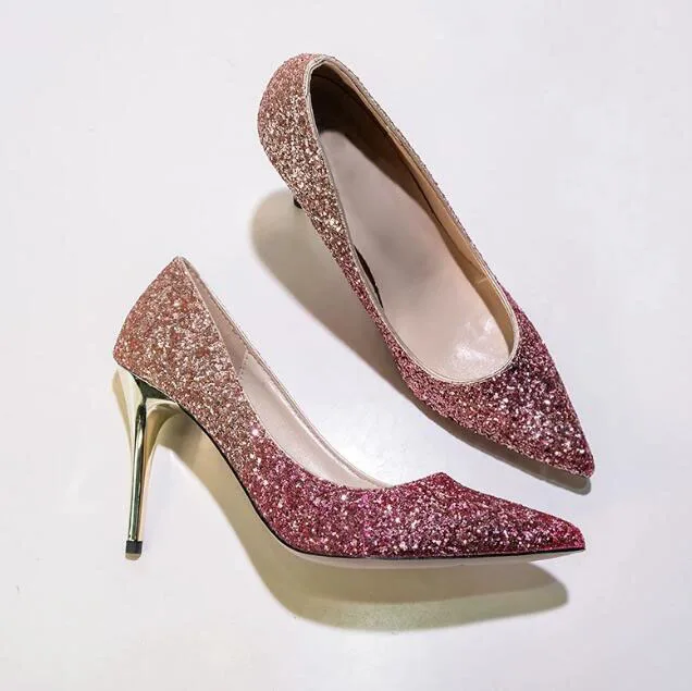 

Gradient Bling Bling Pumps Women Glitter Sequins Pointed Toe Wedding Pumps Thin Heels Shallow Slip On Shining Banquet Shoes