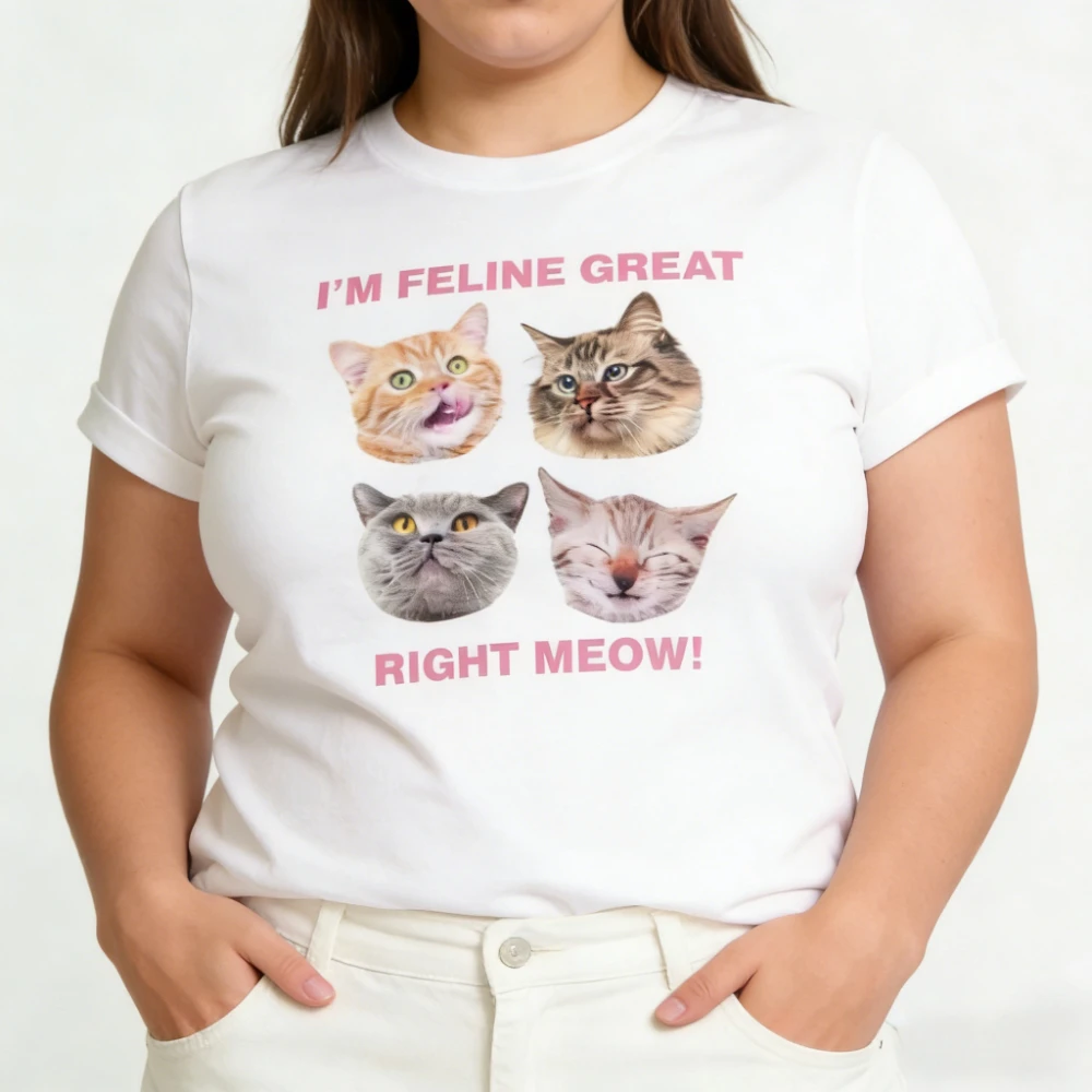 

Plus Size Women T-shirt Cute Funny Cat T-Shirts Right Meow Kitten Graphic Tops Y2k Aesthetic Streetwear T Shirt Female Clothing