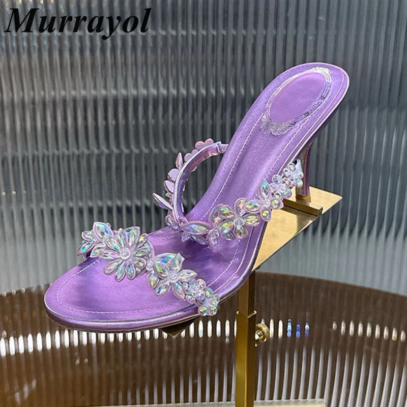Slippers Women Bling Rhinestone Flower Decor Thin High Heels Summer Genuine Leather Sandals Party Banquet Shoes Lazy Stiletto