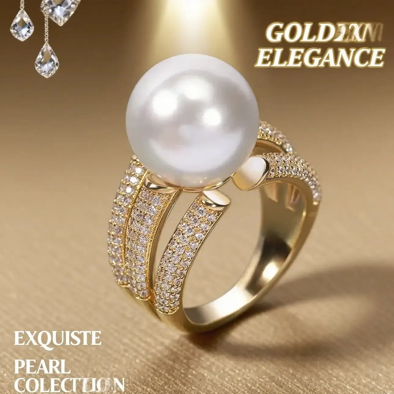 

New design fashion charm round pearl ring statement romantic and shiny finger ring for women wedding jewelry