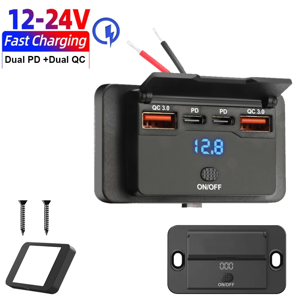 4-Ports 12/24 فولت USB C منفذ لوحة جدار جبل مقبس شاحن سيارة مع زر التبديل مقاوم للماء اكسسوارات السيارات لشاحنة RV للحافلة