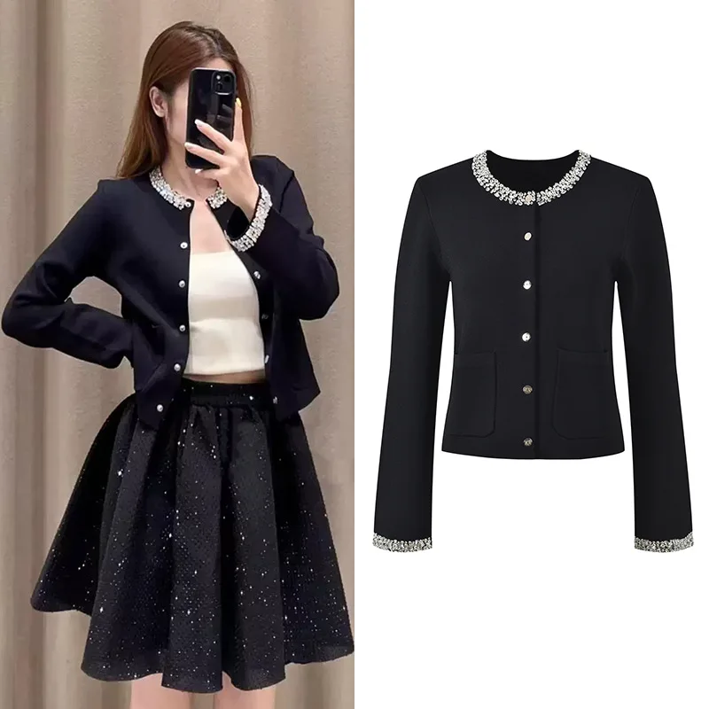 

Faionable Bla ort Coat Neline Embellied with Diamo round Ne Heavy Work Design Autumn Winter New Arrival Women'...