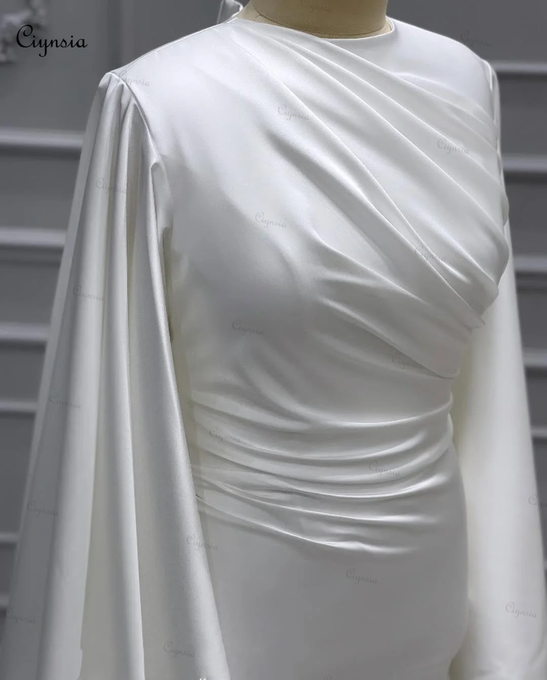 Ciynsia Ivoorwitte Trouwjurken Met Lange Mouwen Vrouw Luxe Zijde Satijn Geplooide Moslim Robe De Mariée 2025, Aangepaste Bruidsjurk