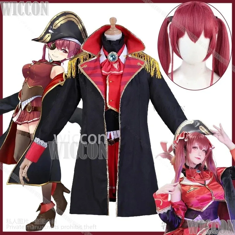 

XT8Houshou Marine Anime Game Virtual Vtuber Cosplay Idol Costume Red Wig Black Windbreaker Coat Cos Uniform Girls Women CusXT6@!