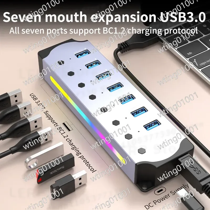 for USB C 7 Port Hub 3.0 Aluminum Alloy Splitter High Speed Data Transfer Computer Expander Multi Device Connector Stable