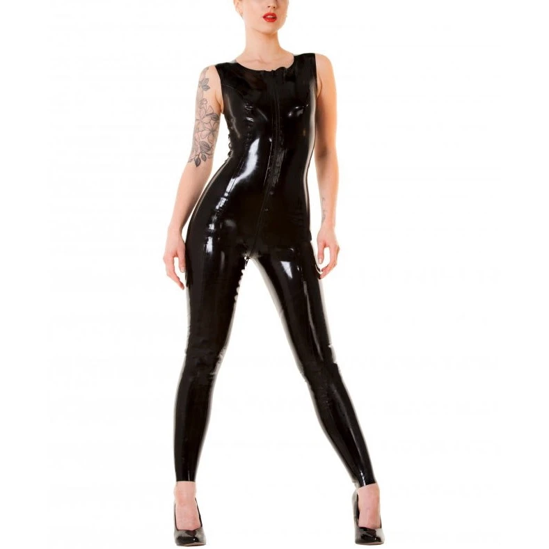 Sleeveless Latex Dress Round Neck Catsuit  Rubber Sexy Corset Front Zipped