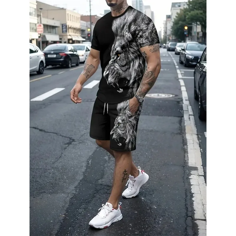 2025 New Summer Men's Casual Outdoor Street Sportswear: Black and White Tiger-Striped 3D Pattern Fashion Animal Print Set