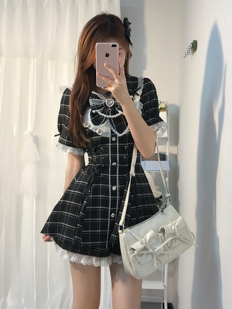 Set da donna estivo scozzese irt Dr con finiture in pizzo orts orm Sle ort Sve Faionable Ensemble