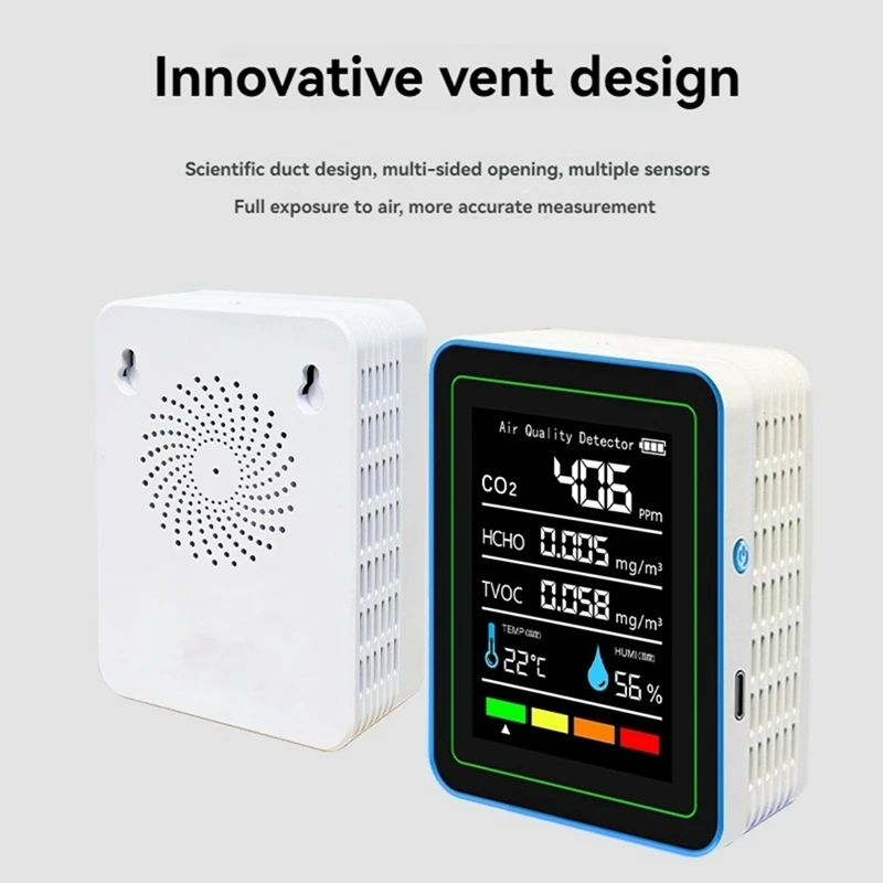 5 In 1 Air Quality Monitor TVOC HCHO Temperature Humidity CO2 Meter, USB Rechargeable CO2 Detector image 4