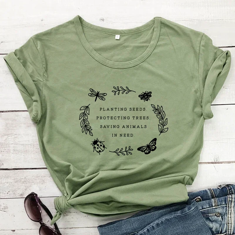 Y2k Short Sleeves T-shirt Planting Seeds Protecting Trees Saving Animals in Need T-shirt Vintage Women Graphic Ethical Vegan Top