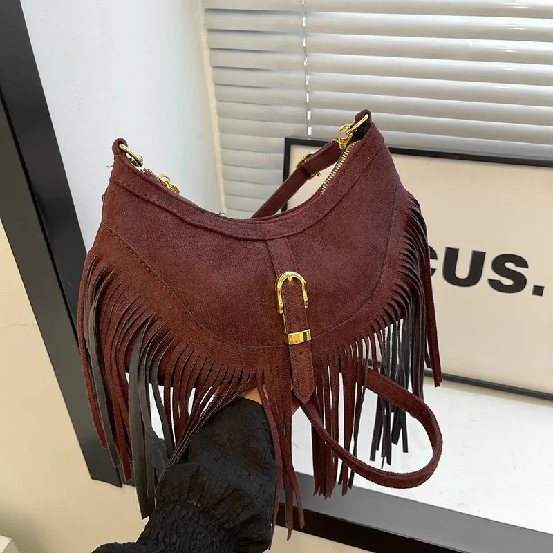 2024 Fashion Tassel Shoulder Bags for Women Luxury Designer Crossbody Bag Saddle Retro Faux Suede Handbag Ladies Shopping Bag