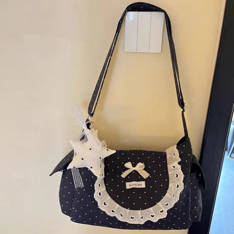 

Korean Women's Crossbody Bag Shoulder Design With Lace Bow Polka Dot Flap Sweet Simple Style Spacious Capacity Commuting School