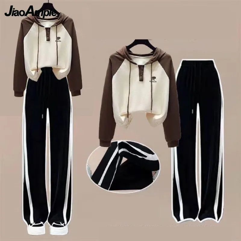 Women\'s Spring Autumn Tracksuit Suit Korean Elegant New Casual Hooded Sweater+Loose Pant Two Piece Female Sportwear Matching Set