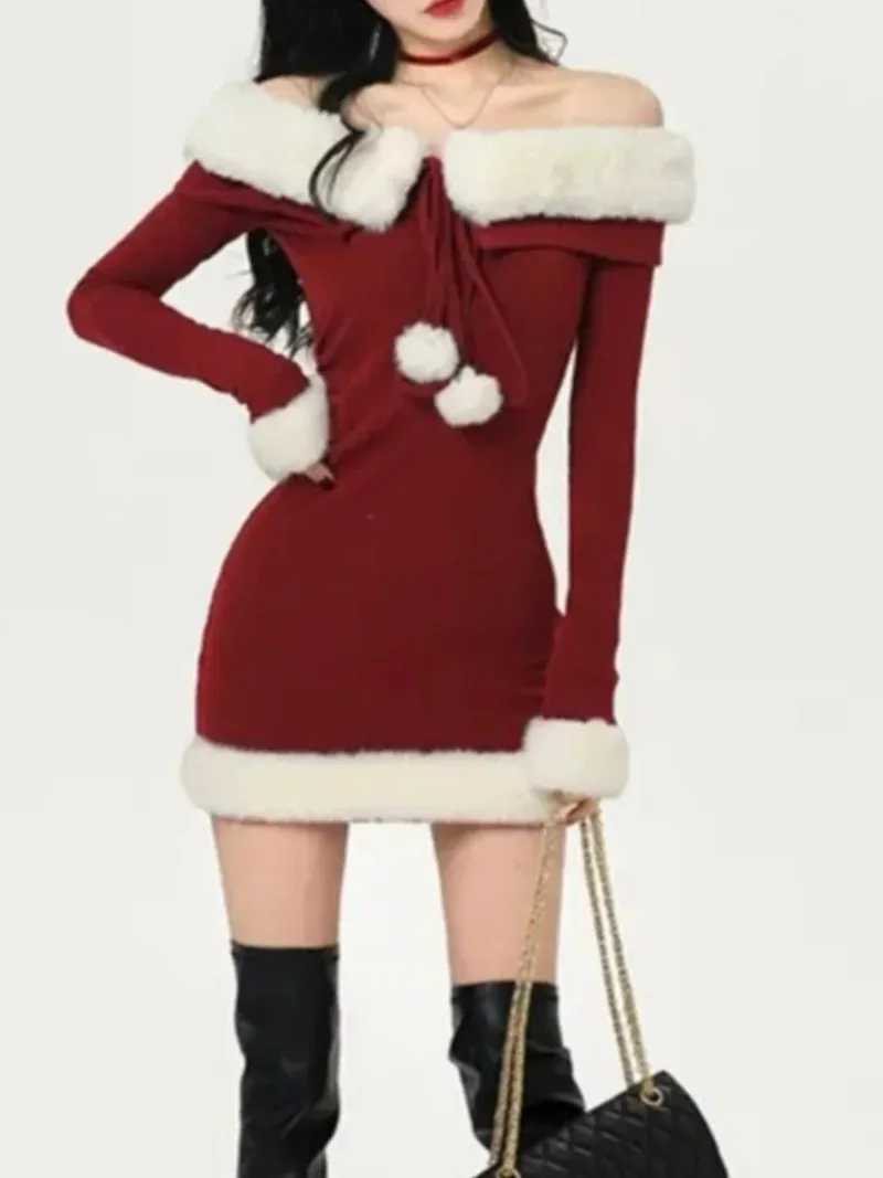 فستان حفلات أعياد الميلاد أنيق مكشوف الأكتاف على الموضة الكورية للنساء فساتين قصيرة مثيرة بياقة من الفرو الصناعي #2