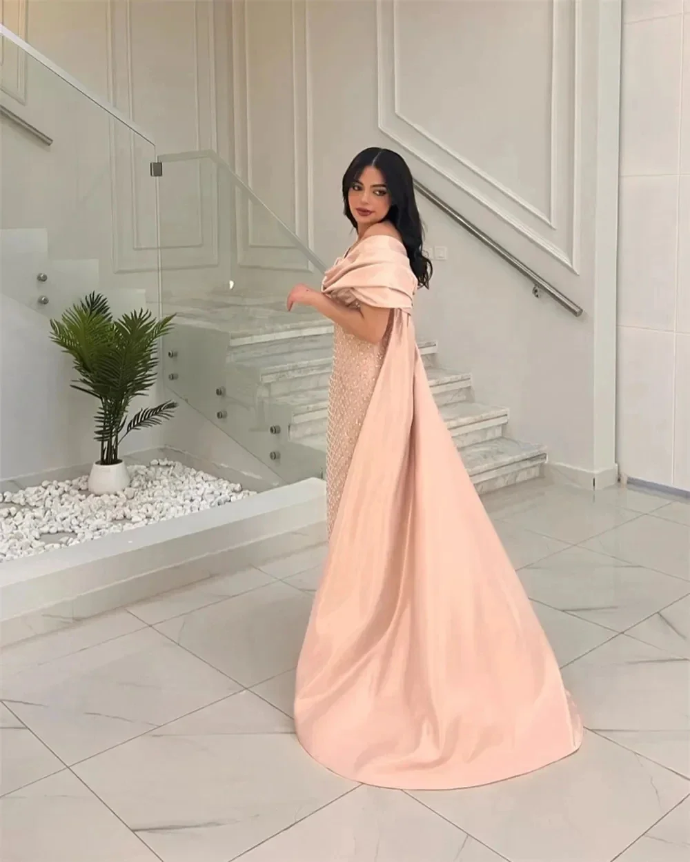 Sansa Elegant Pink Off Shoulder Prom Dresses Satin Glitter Bead String Vestidos de fiesta Mermaid Ankle-Length 2024 فساتين سهرة