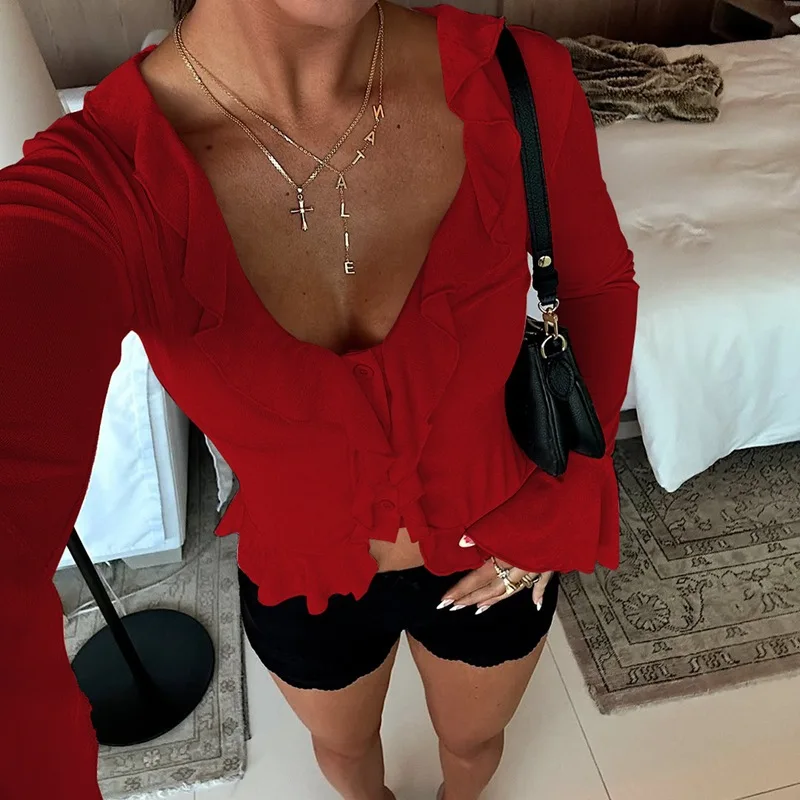 Talenza Ruffled V Neck T Shirt Women's Sexy Flared Long Sleeves Single Breasted Solid Top Female Fashion Holiday Party Top Women