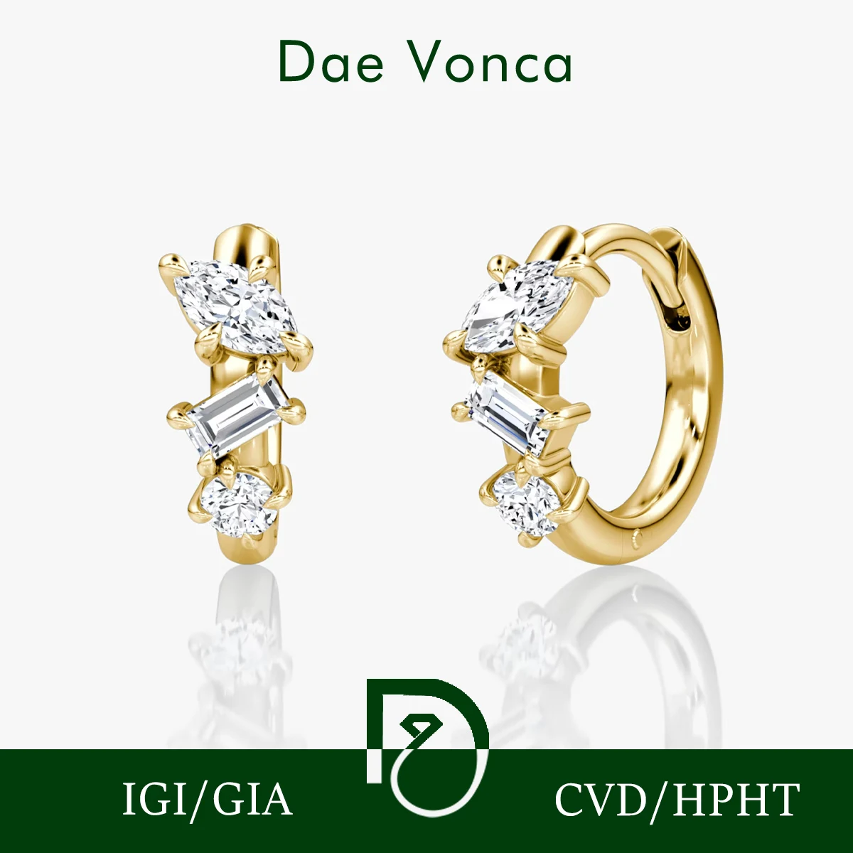Lab Grown Diamond Huggie Hoop Earrings, Marquise Baguette Round Cut Diamond Earrings, 9K 14K 18K Solid Gold, Gift for Women