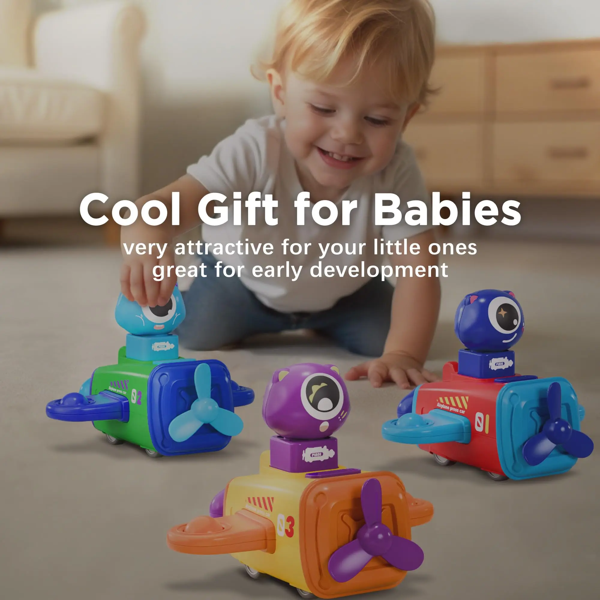 Press to Go Car Toys for 18M+, Baby Airplane Race Cars, Infant Push Go Play Vehicle Set, Boys Pull Back Friction Car, Birthday C