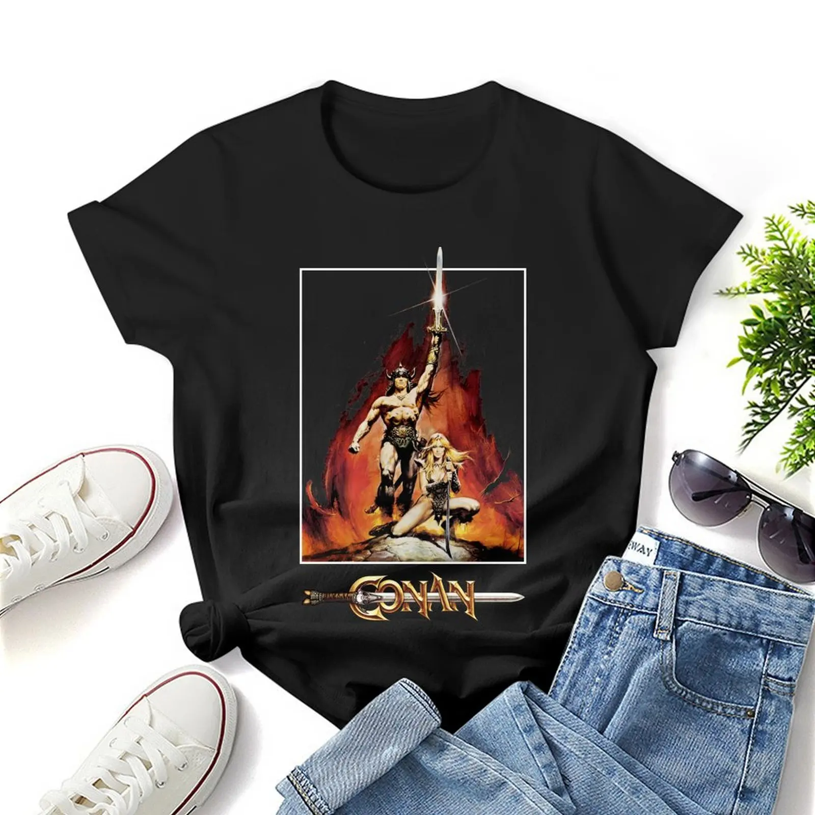 Conan o bárbaro clássico t-shirt para as mulheres, camisetas pretas, engraçado e engraçado