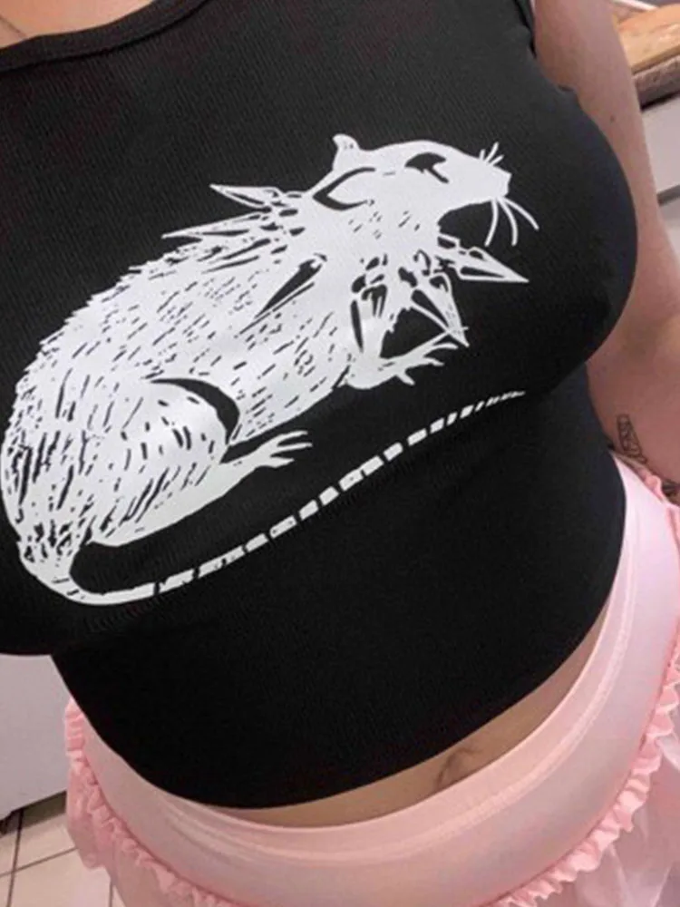 Dark gothic subculture punk style mouse print short vest sleeveless base cool spicy girl top