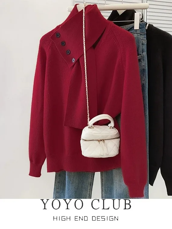 

Loose Fit Long Sve V-Ne Knitwear Women's Autumn Winter Casual Sle Detachable Scarf Sweater Brand Bule plus Size