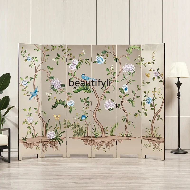 

New Chinese flower and bird screen household background decoration silver foil screen pure hand-painted folding movable R