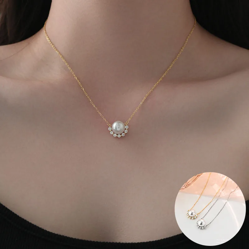 

100% 925 Sterling Silver Pearl Geometric Necklace for Women Girl Zircon Round Fine Chain Design Jewelry Party Gift Dropshipping