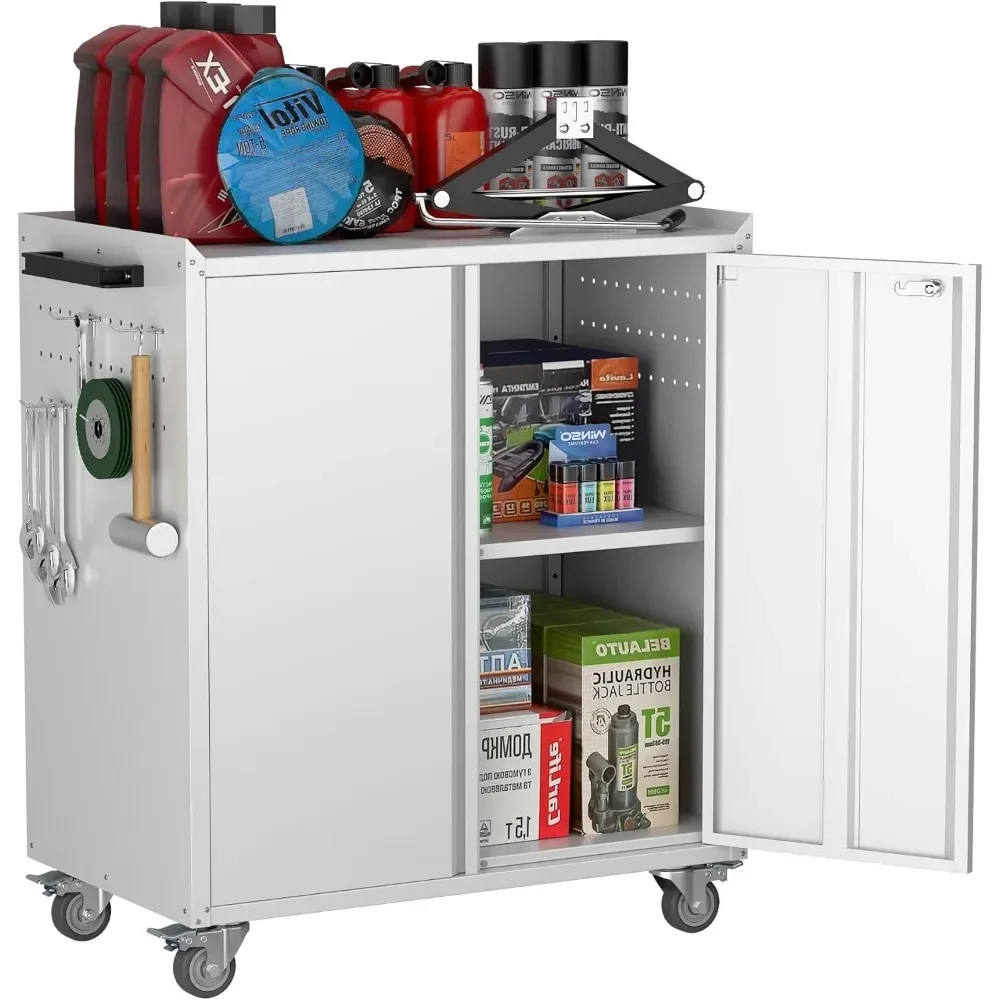 

Metal Storage Cabinet on Wheels, Metal Tool Cabinet with Wheels&Pegboard&a Handle&Hooks&Adjustable Shelves