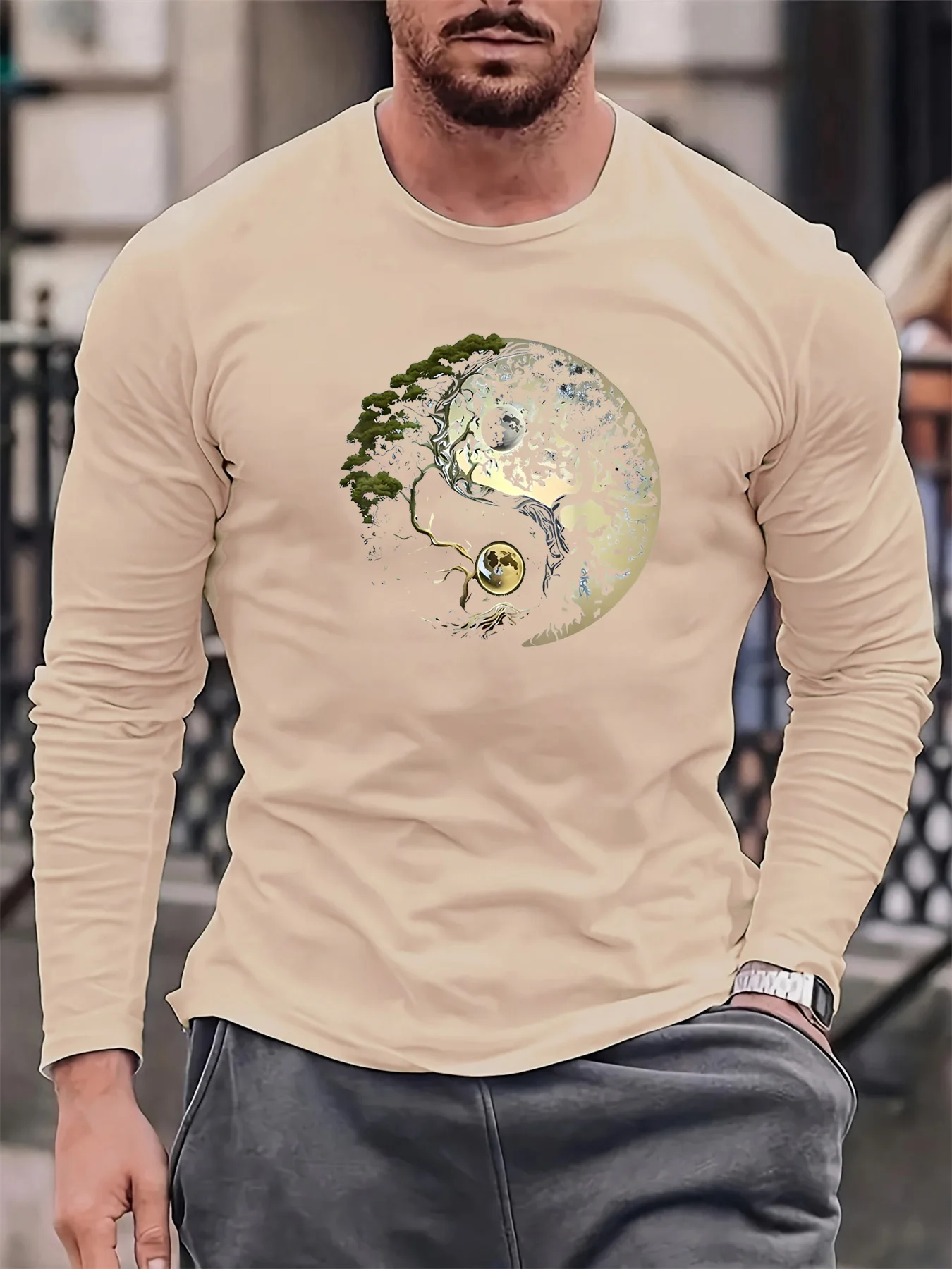 2026 الرجال الأساسية فضفاضة ومريحة عارضة الرياضة يين يانغ شجرة نمط مطبوعة جولة الرقبة الدافئة طويلة الأكمام تي شيرت أعلى
